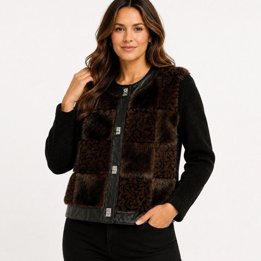 Lisa International Women Y2K Fur Leather Animal Print Cardigan Jacket L